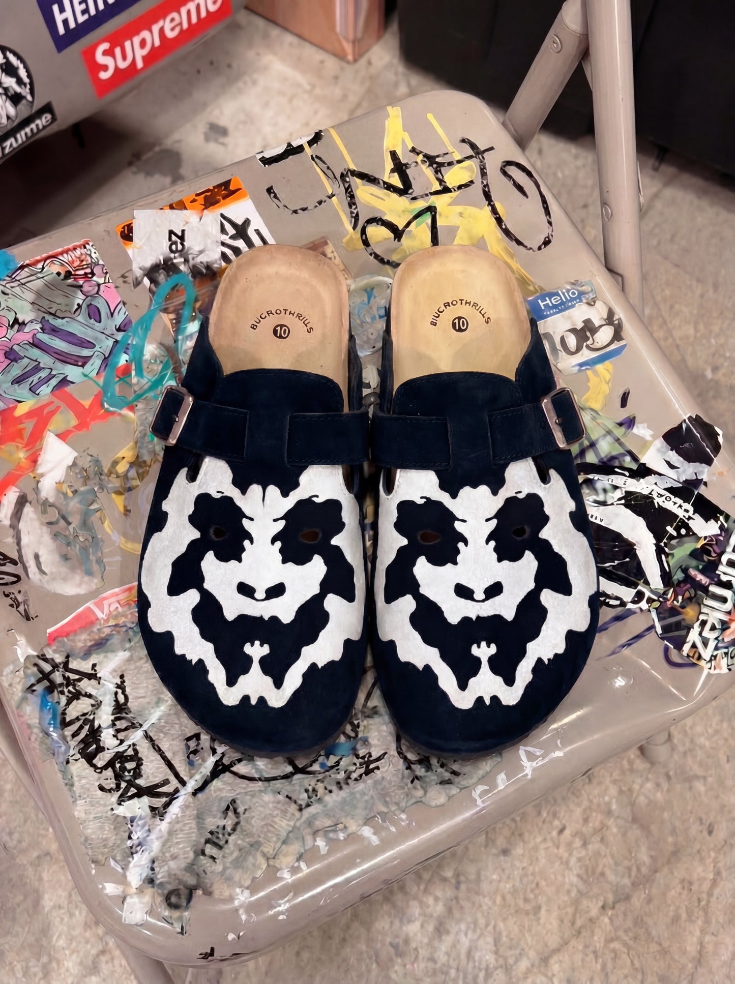 RORSCHACH CLOGS - hand-painted navy suede clogs with white Rorschach inkblot panda design