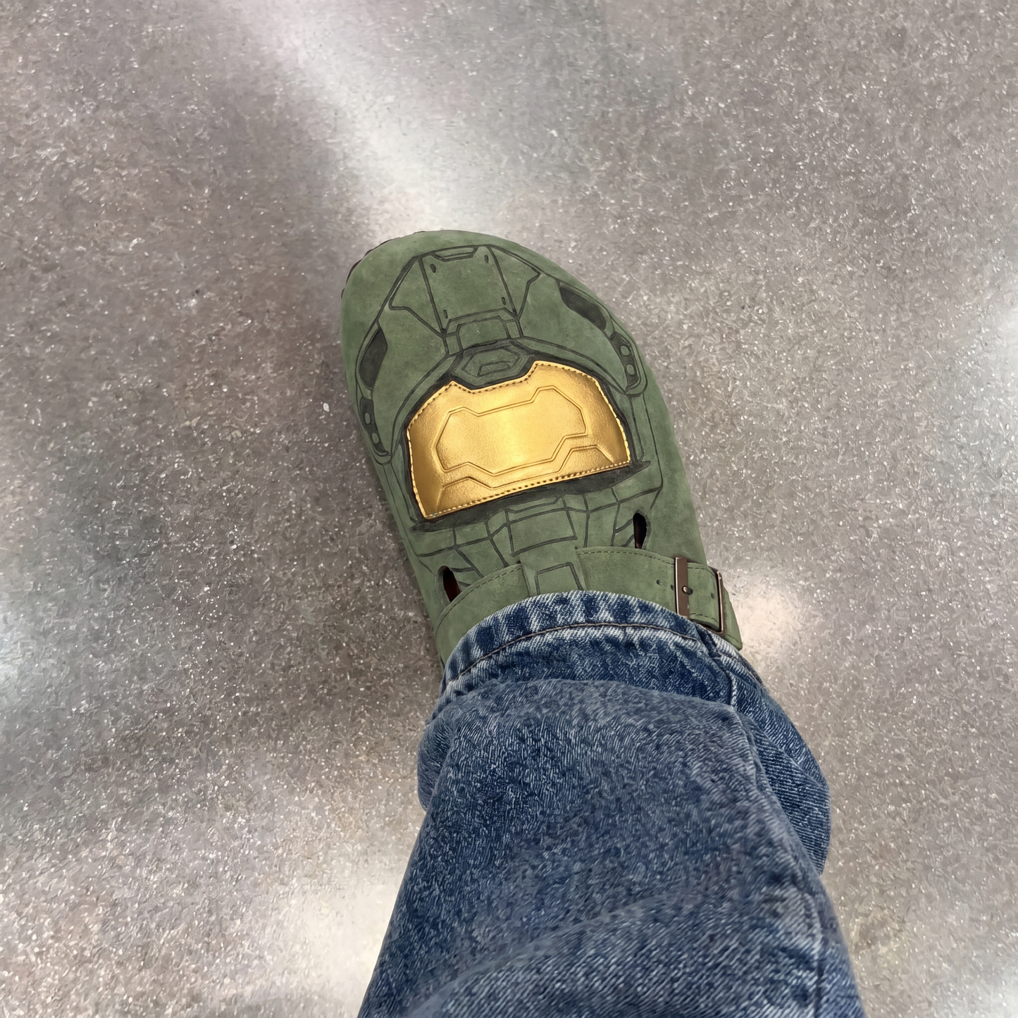 Master Chief clog top-down view on concrete