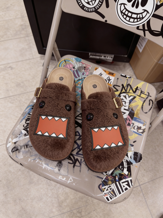 Domo-kun fuzzy clogs - brown faux fur with Domo face